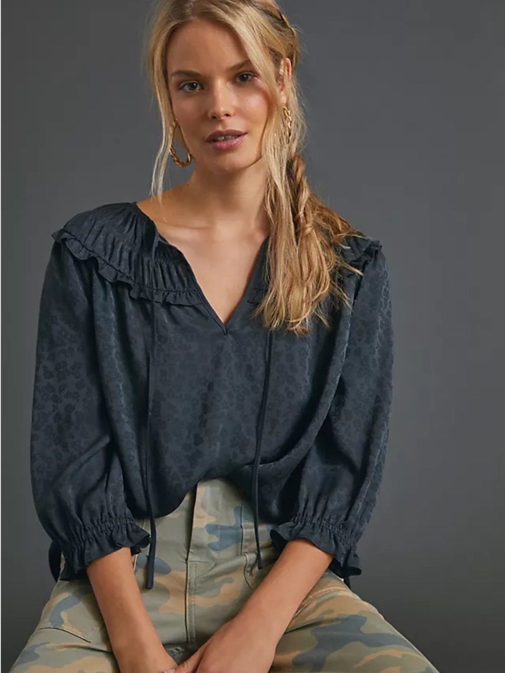 Anthropologie Current Air Peasant Boho Floral Black Shirred Top Size S